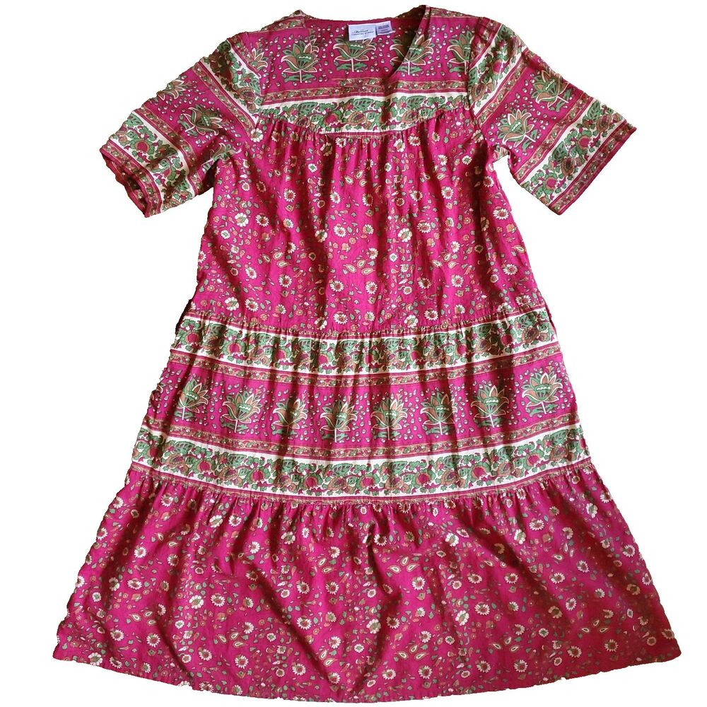 Vermont Country Store Shift House Dress Sz M Red Floral Cotton Patio MuuMuu